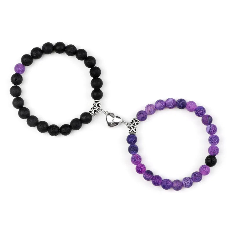 2-Pcs Natural Stone Bead Couple Bracelets – Heart Magnet Distance Friendship Jewelry Gift for Lovers