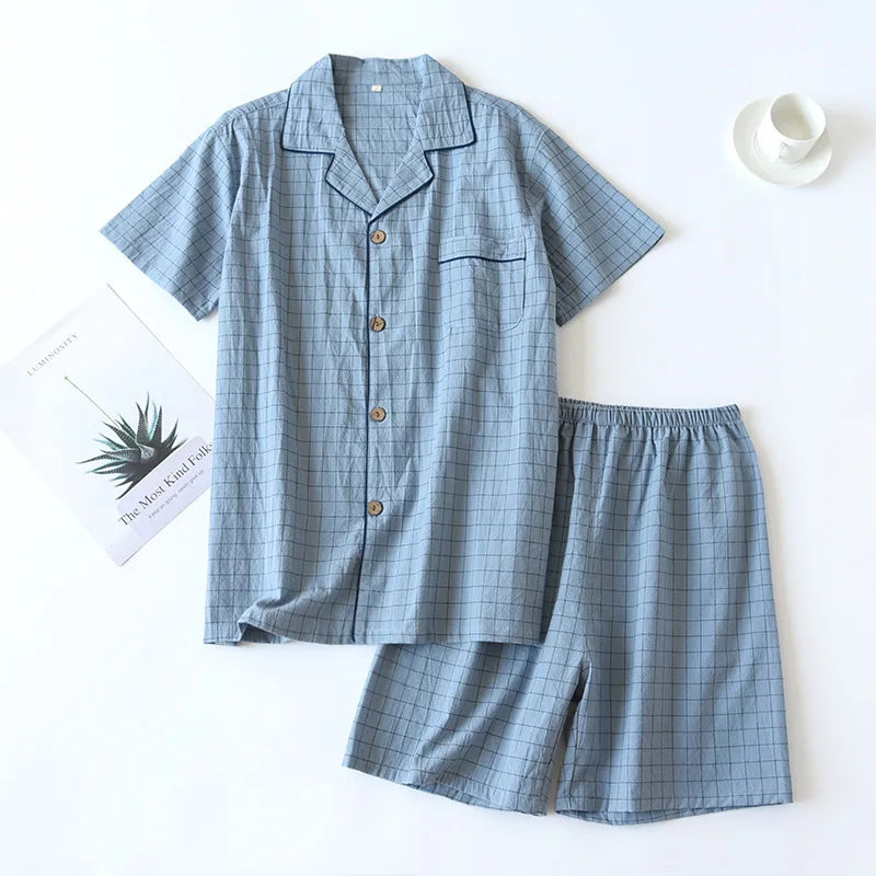 Summer Couple Pajama Set | 100% Cotton Plaid Short-Sleeve Two-Piece Sleepwear for Men and Women