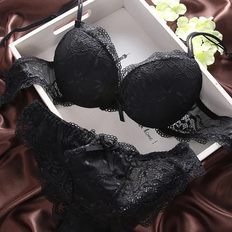 European Style Sexy Bra Set – Cotton Push Up Bra with Lace Panties, Solid Color Women's Lingerie