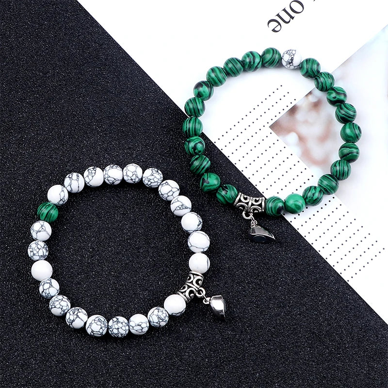 2-Pcs Natural Stone Bead Couple Bracelets – Heart Magnet Distance Friendship Jewelry Gift for Lovers