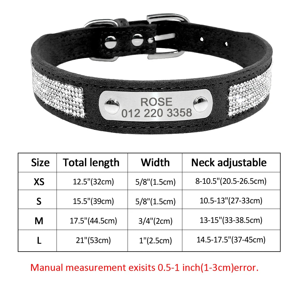 طوق جلدي مخصص للكلاب والقطط - طوق منقوش بأحجار الراين مخصص للكلاب الصغيرة والمتوسطة، وبيتبول، ويوركشاير