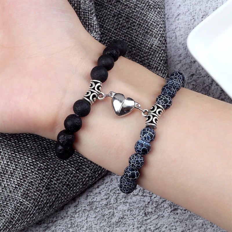 2-Pcs Natural Stone Bead Couple Bracelets – Heart Magnet Distance Friendship Jewelry Gift for Lovers