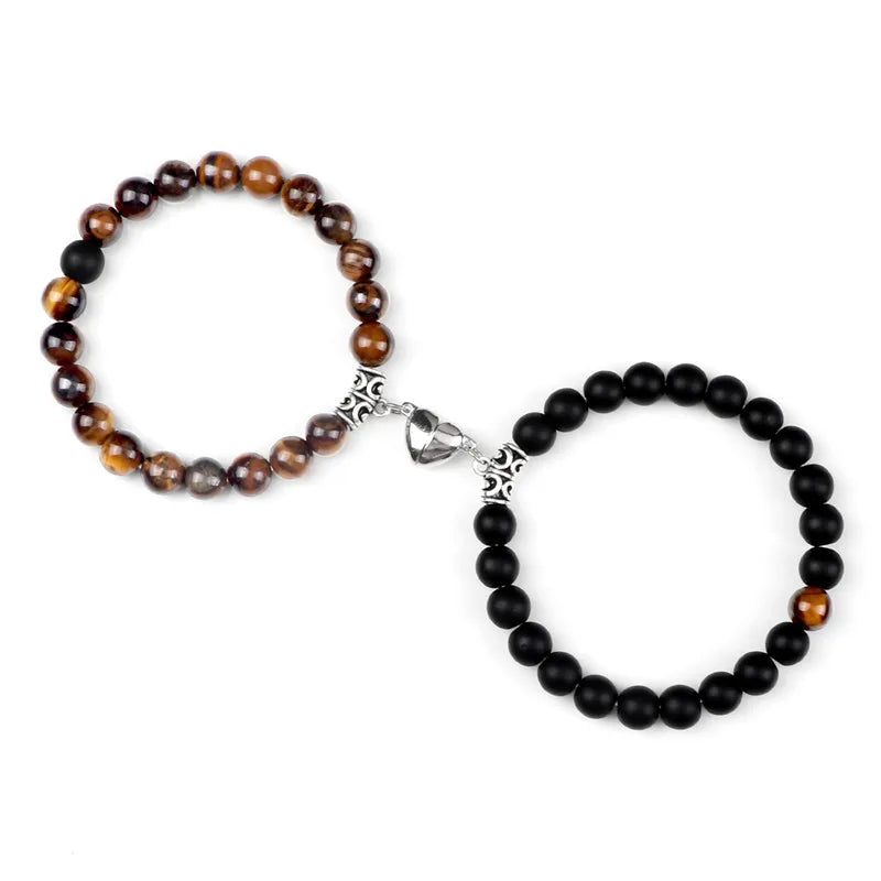 2-Pcs Natural Stone Bead Couple Bracelets – Heart Magnet Distance Friendship Jewelry Gift for Lovers