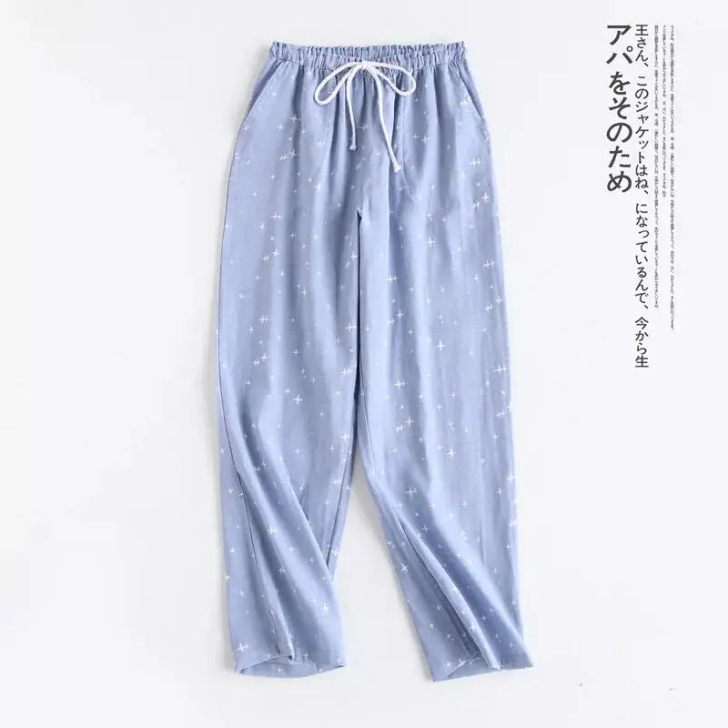 Spring Couples Cotton Gauze Sleep Pants | Women's Tie Waist Pajama Bottoms Home Pants | Comfortable Loungewear