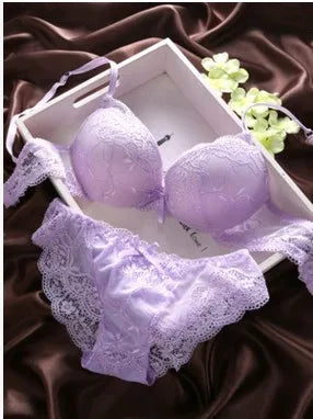 European Style Sexy Bra Set – Cotton Push Up Bra with Lace Panties, Solid Color Women's Lingerie
