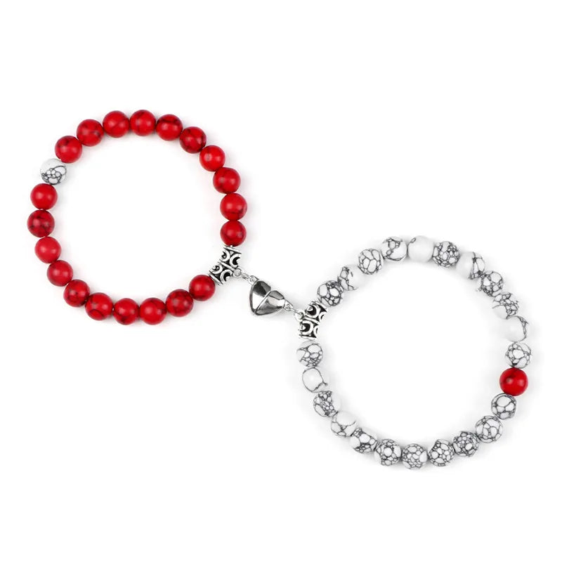 2-Pcs Natural Stone Bead Couple Bracelets – Heart Magnet Distance Friendship Jewelry Gift for Lovers