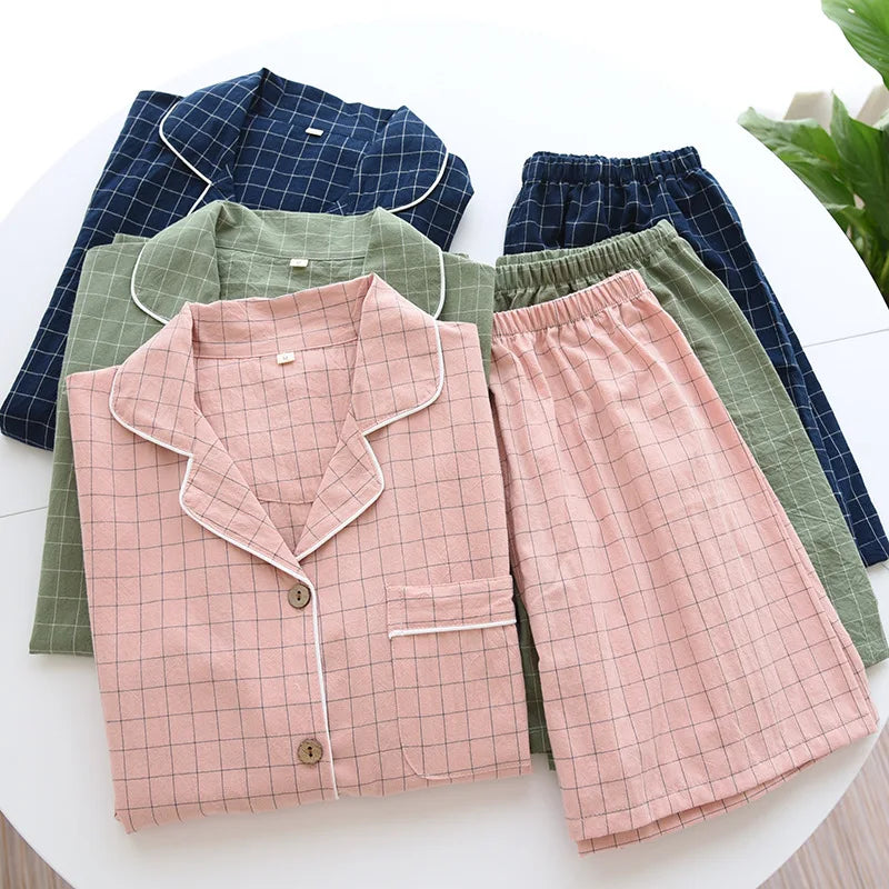 Summer Couple Pajama Set | 100% Cotton Plaid Short-Sleeve Two-Piece Sleepwear for Men and Women