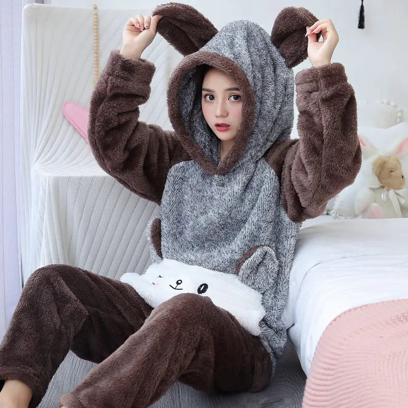 Winter Thick Warm Women's Flannel Pajama Set | Cozy Sleepwear & Homewear | Long Sleeve Top & Pants