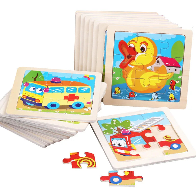 11x11CM Kids Wooden Puzzle – Cartoon Animal Traffic Tangram Educational Jigsaw Toy Gift for Children