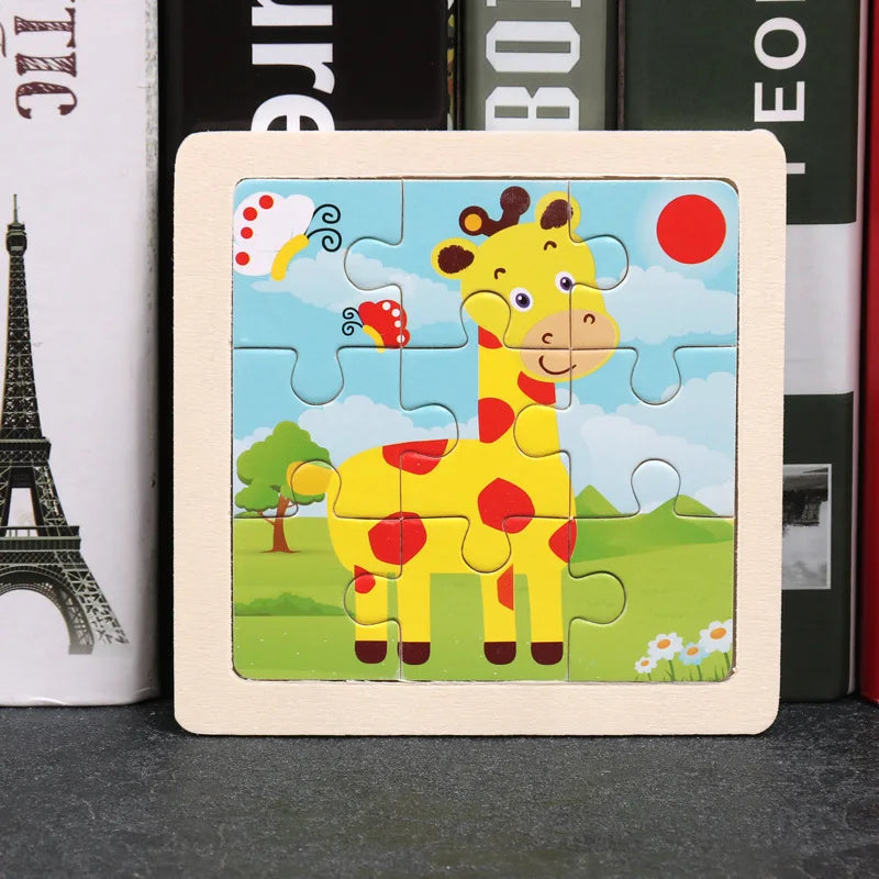 11x11CM Kids Wooden Puzzle – Cartoon Animal Traffic Tangram Educational Jigsaw Toy Gift for Children
