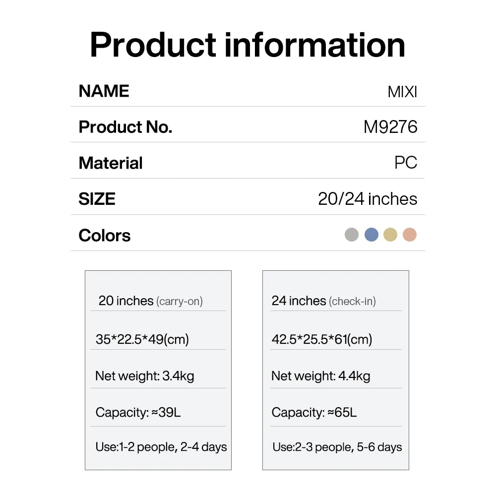 Mixi Wide Handle Travel Luggage | Hardside PC Suitcase with Rolling Spinner Wheels & TSA Lock | 20/24 Inch Unisex