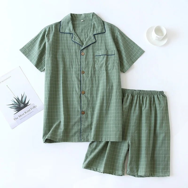 Summer Couple Pajama Set | 100% Cotton Plaid Short-Sleeve Two-Piece Sleepwear for Men and Women