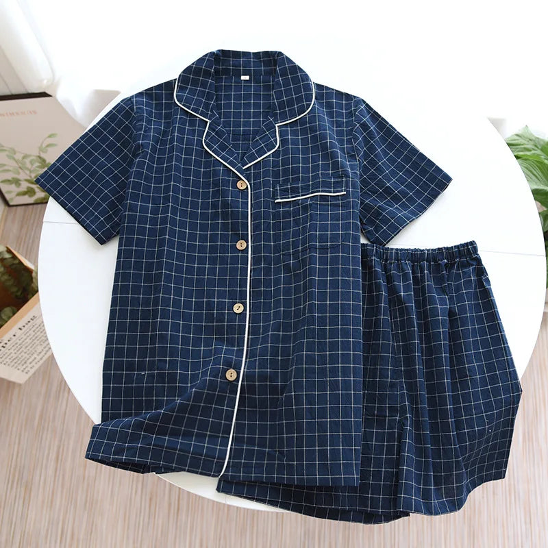 Summer Couple Pajama Set | 100% Cotton Plaid Short-Sleeve Two-Piece Sleepwear for Men and Women