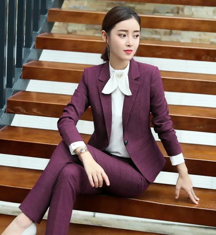 Naviu Women’s Plaid Pants Suit – Long Sleeve Blazer & Trousers Business Set