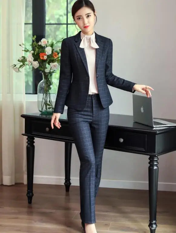 Naviu Women’s Plaid Pants Suit – Long Sleeve Blazer & Trousers Business Set