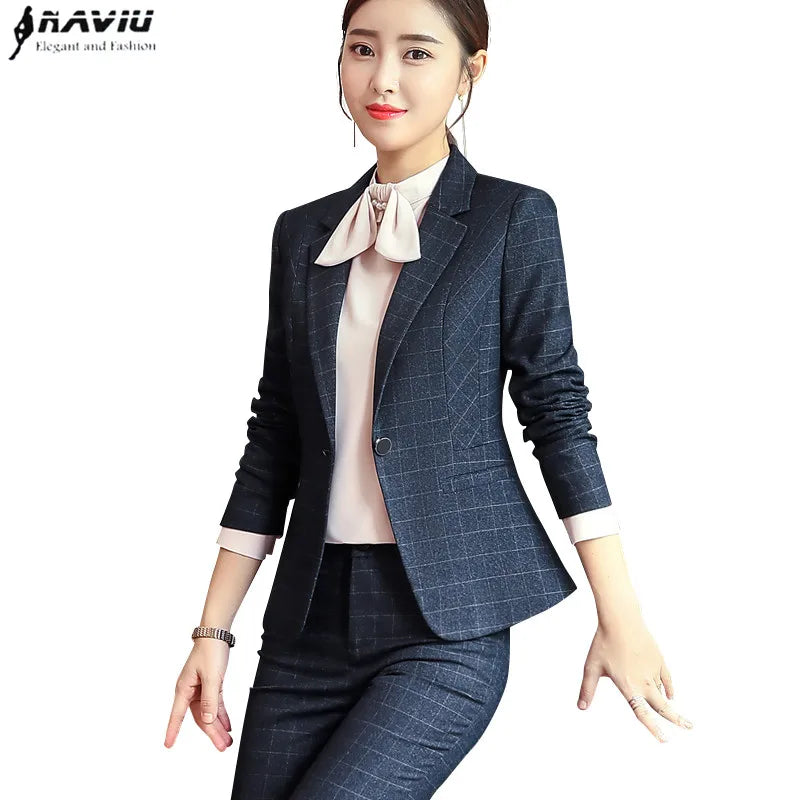 Naviu Women’s Plaid Pants Suit – Long Sleeve Blazer & Trousers Business Set