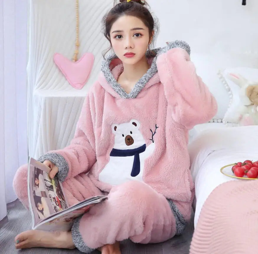 Winter Thick Warm Women's Flannel Pajama Set | Cozy Sleepwear & Homewear | Long Sleeve Top & Pants