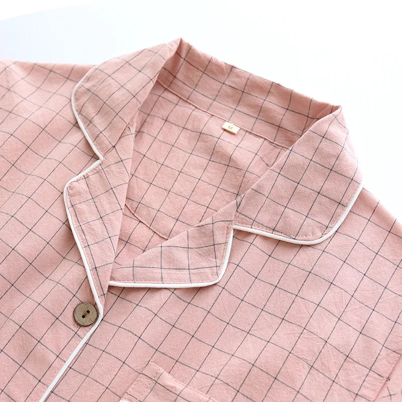 Summer Couple Pajama Set | 100% Cotton Plaid Short-Sleeve Two-Piece Sleepwear for Men and Women