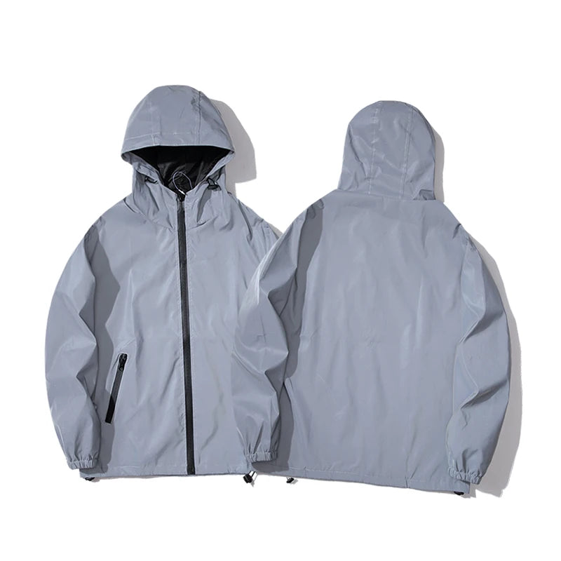Men’s Night Reflective Hooded Windbreaker – Waterproof Double-Fabric Hip Hop Zipper Jacket