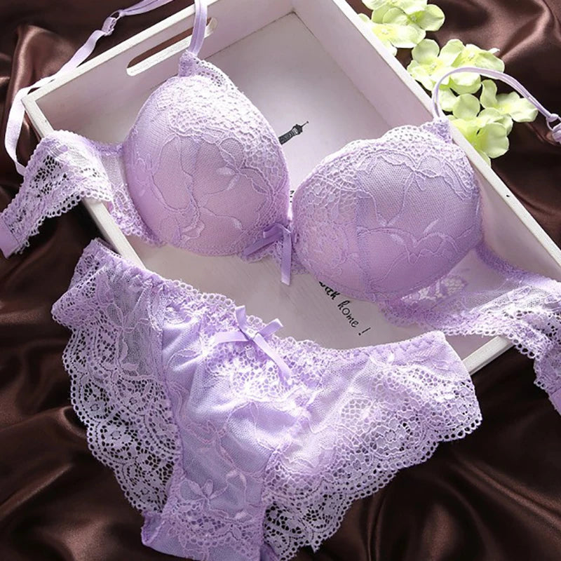 European Style Sexy Bra Set – Cotton Push Up Bra with Lace Panties, Solid Color Women's Lingerie