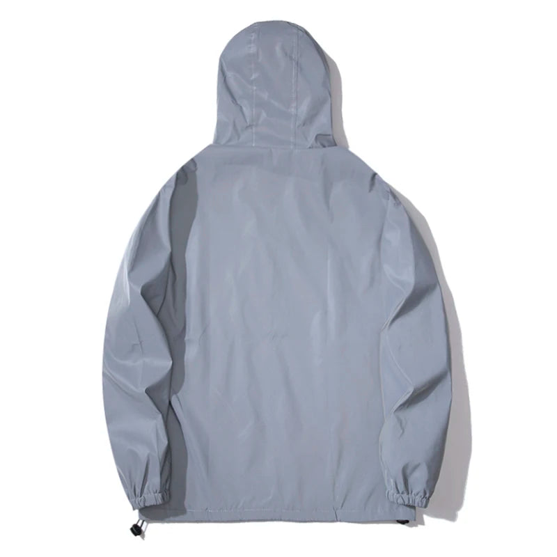 Men’s Night Reflective Hooded Windbreaker – Waterproof Double-Fabric Hip Hop Zipper Jacket