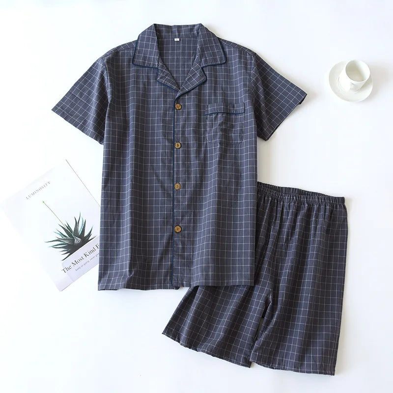 Summer Couple Pajama Set | 100% Cotton Plaid Short-Sleeve Two-Piece Sleepwear for Men and Women