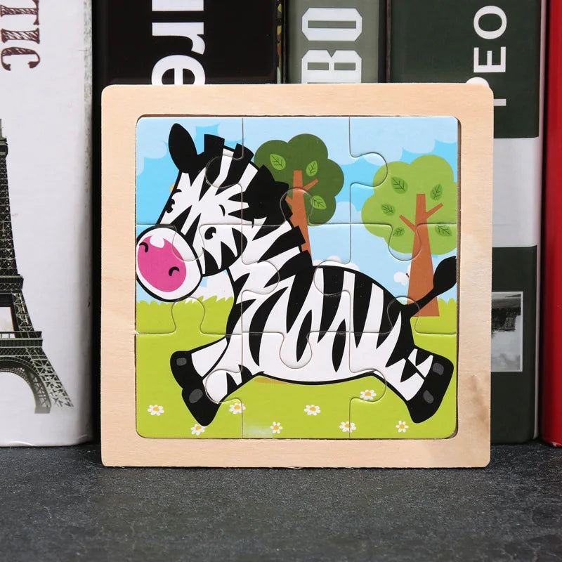 11x11CM Kids Wooden Puzzle – Cartoon Animal Traffic Tangram Educational Jigsaw Toy Gift for Children