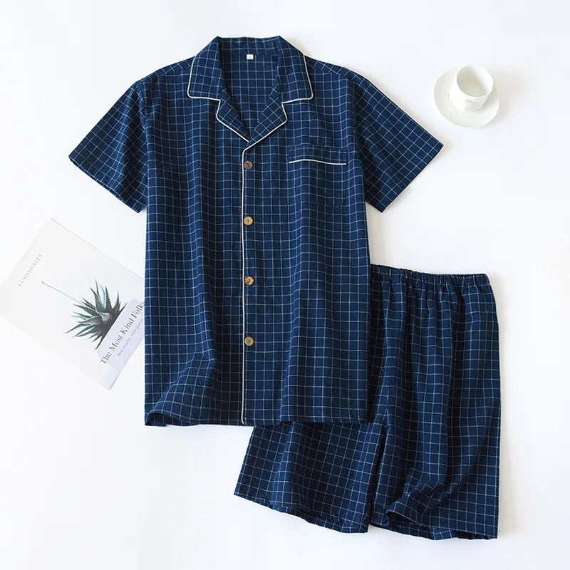 Summer Couple Pajama Set | 100% Cotton Plaid Short-Sleeve Two-Piece Sleepwear for Men and Women