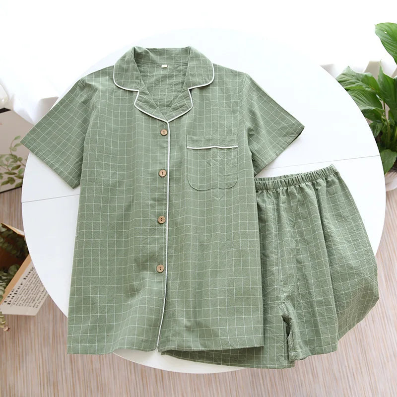 Summer Couple Pajama Set | 100% Cotton Plaid Short-Sleeve Two-Piece Sleepwear for Men and Women