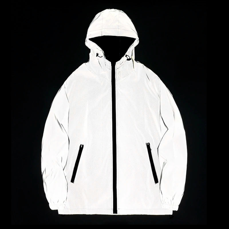 Men’s Night Reflective Hooded Windbreaker – Waterproof Double-Fabric Hip Hop Zipper Jacket