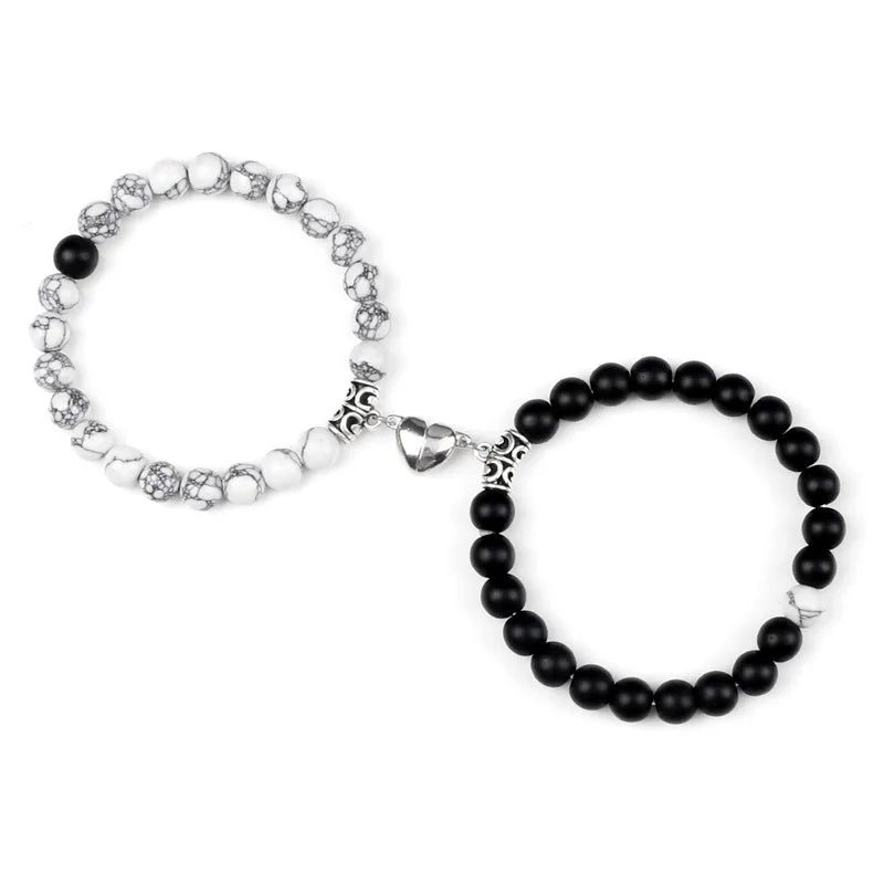 2-Pcs Natural Stone Bead Couple Bracelets – Heart Magnet Distance Friendship Jewelry Gift for Lovers