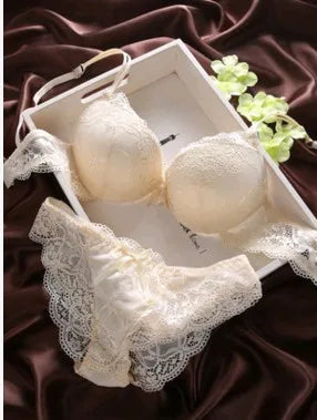 European Style Sexy Bra Set – Cotton Push Up Bra with Lace Panties, Solid Color Women's Lingerie