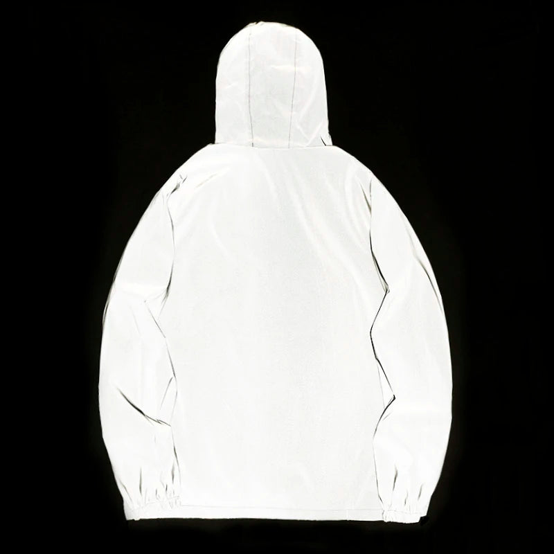 Men’s Night Reflective Hooded Windbreaker – Waterproof Double-Fabric Hip Hop Zipper Jacket