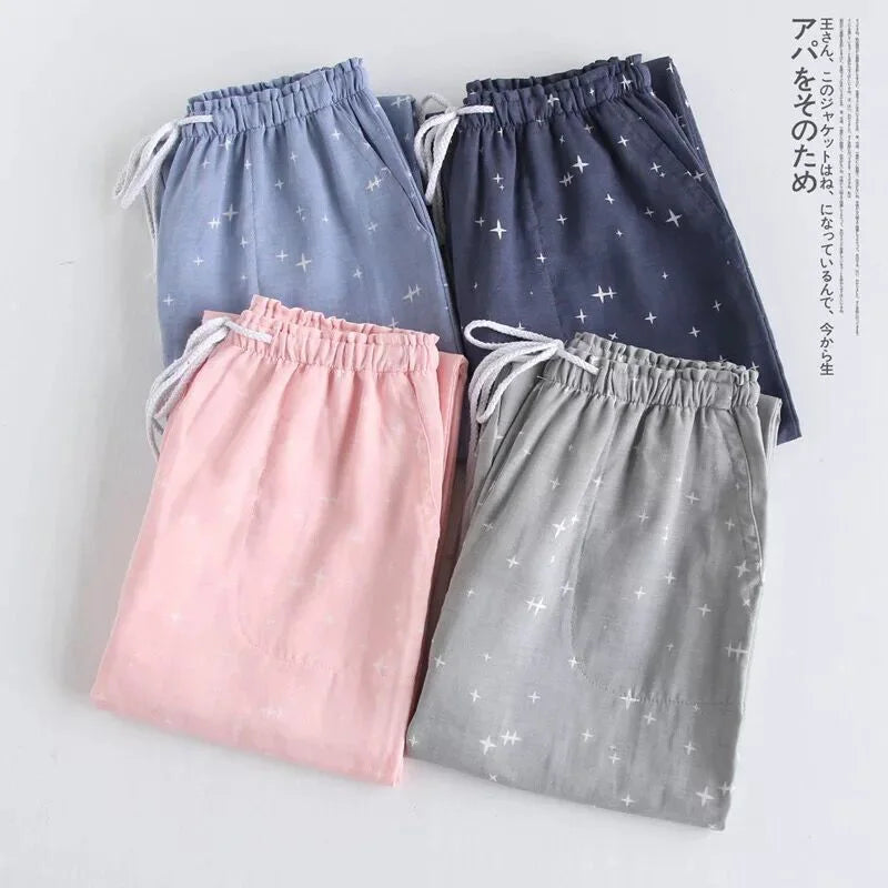 Spring Couples Cotton Gauze Sleep Pants | Women's Tie Waist Pajama Bottoms Home Pants | Comfortable Loungewear