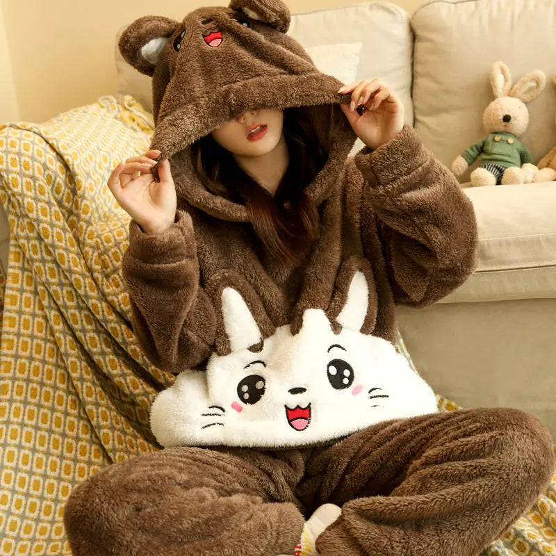 Winter Thick Warm Women's Flannel Pajama Set | Cozy Sleepwear & Homewear | Long Sleeve Top & Pants