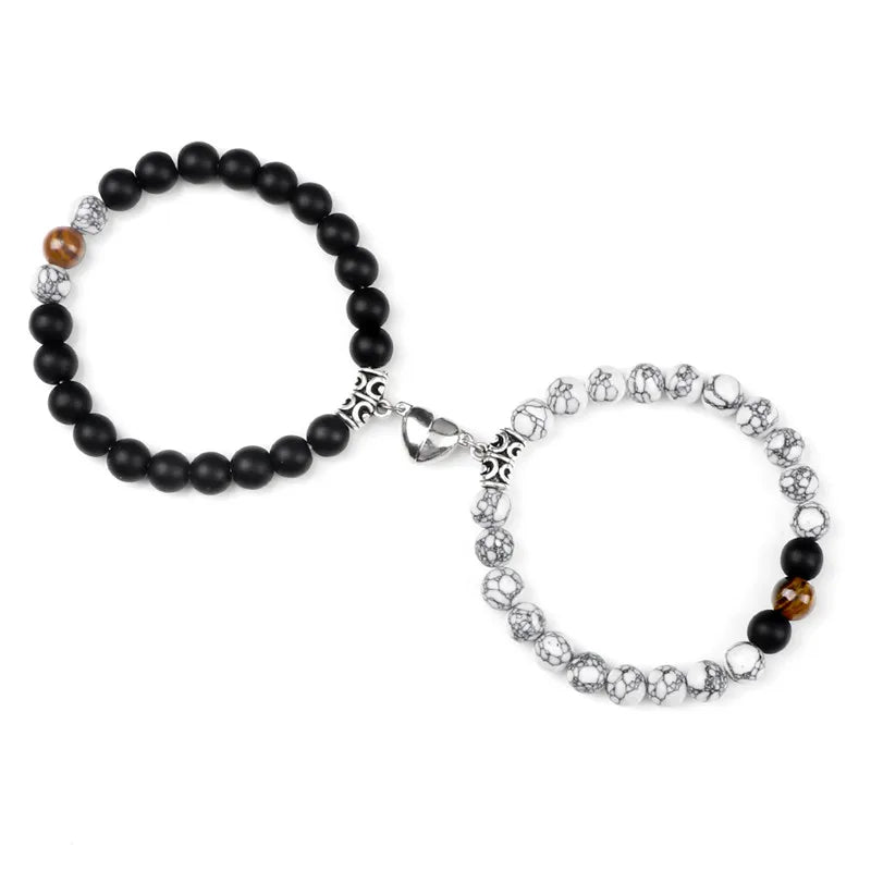 2-Pcs Natural Stone Bead Couple Bracelets – Heart Magnet Distance Friendship Jewelry Gift for Lovers