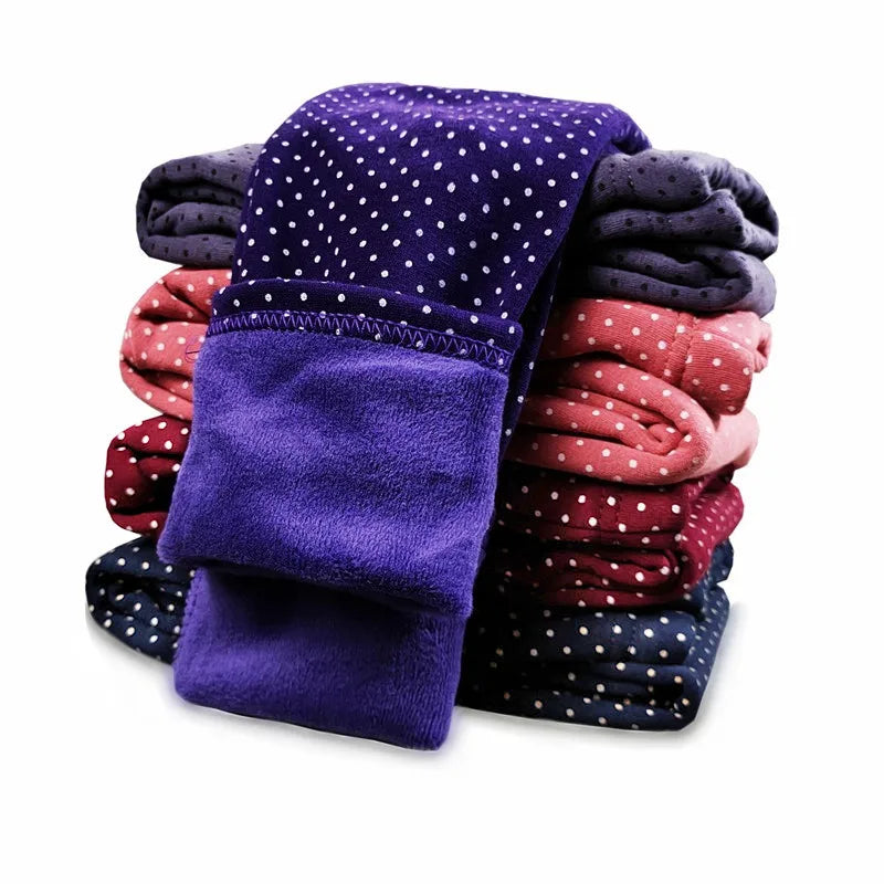 Girls Velvet Leggings Dot Print Warm Pants Autumn Winter Kids Cotton Trousers