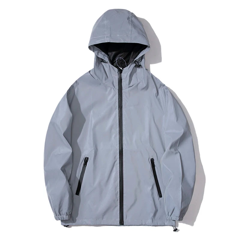 Men’s Night Reflective Hooded Windbreaker – Waterproof Double-Fabric Hip Hop Zipper Jacket