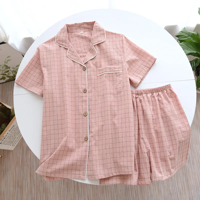 Summer Couple Pajama Set | 100% Cotton Plaid Short-Sleeve Two-Piece Sleepwear for Men and Women