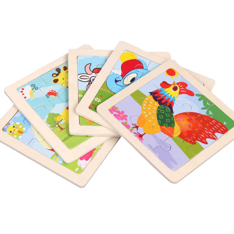11x11CM Kids Wooden Puzzle – Cartoon Animal Traffic Tangram Educational Jigsaw Toy Gift for Children
