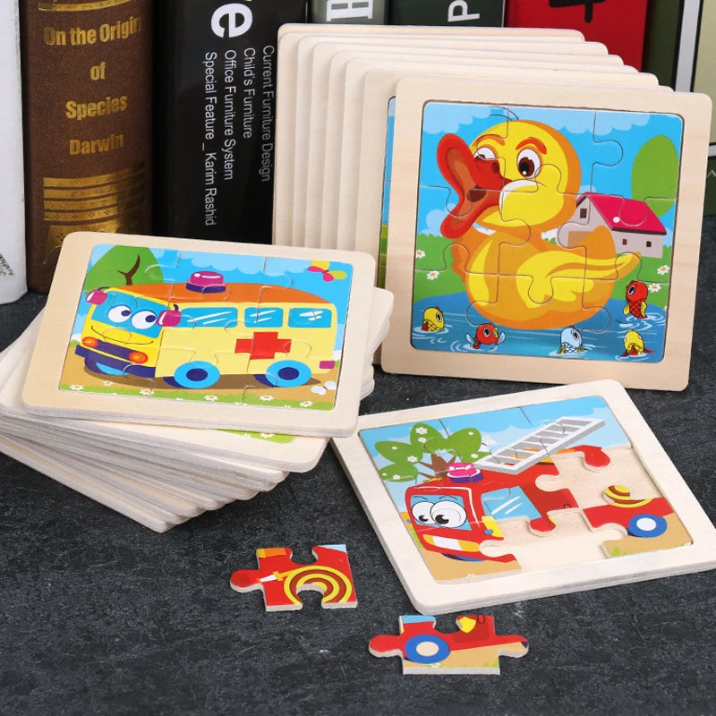11x11CM Kids Wooden Puzzle – Cartoon Animal Traffic Tangram Educational Jigsaw Toy Gift for Children