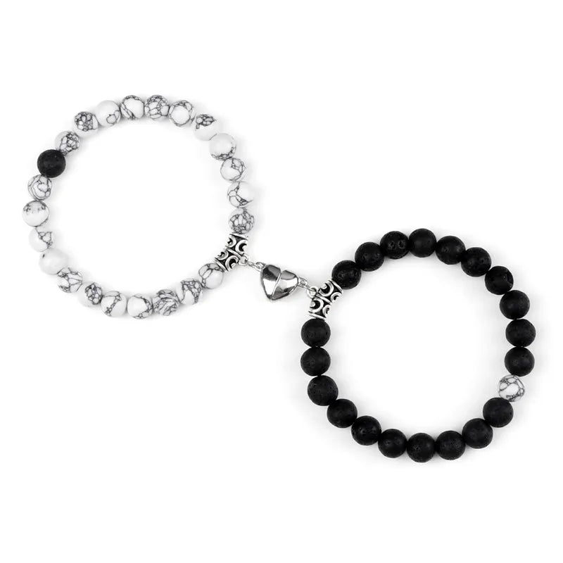 2-Pcs Natural Stone Bead Couple Bracelets – Heart Magnet Distance Friendship Jewelry Gift for Lovers