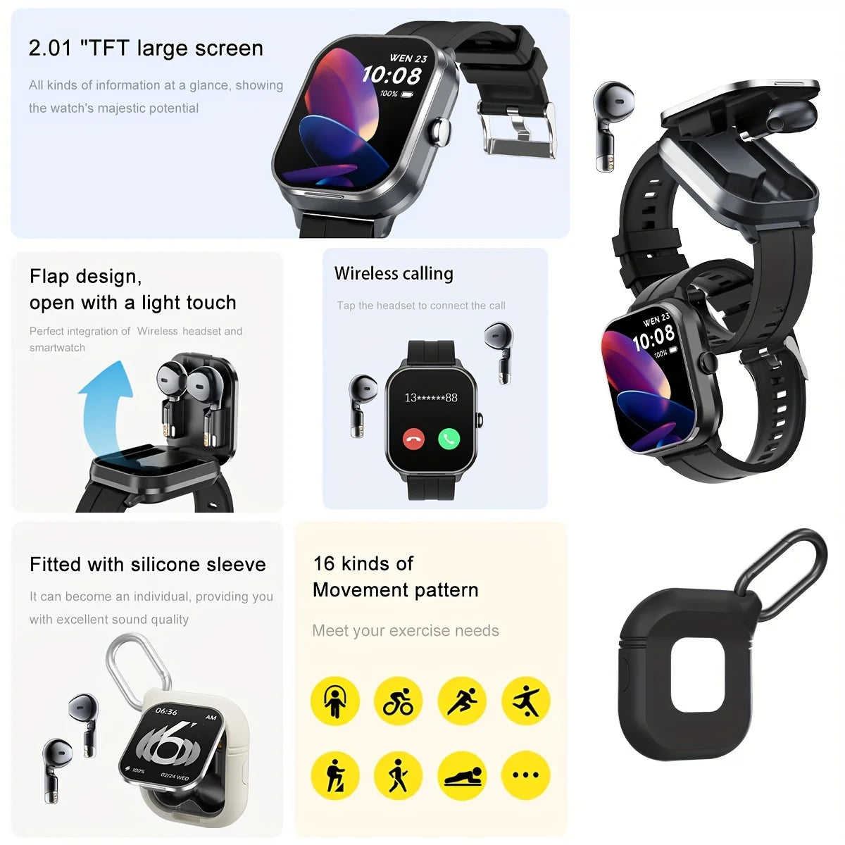 Smart Watch 2-in-1 – 2.01” HD, Waterproof, Heart Rate, SpO2, Bluetooth Earphones, Call Function