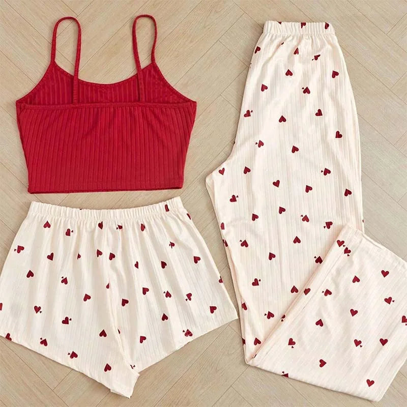 Three-Piece Women's Heart-Print Sleepwear Set — Vest, Shorts & Pants | Ribbed Casual Homewear