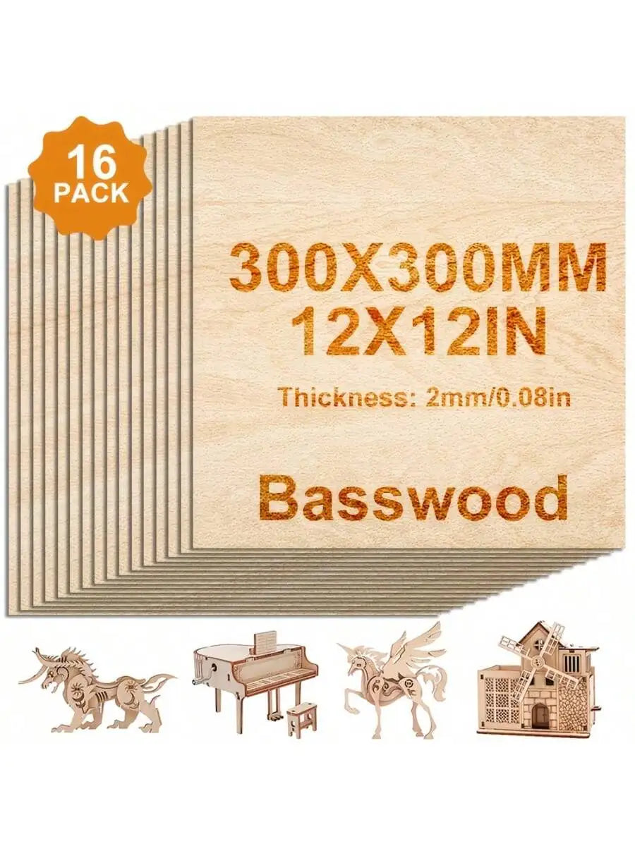 Unfinished Basswood Plywood – 4/8/16/32 Pieces, 12×12 Inch, 2mm Thick for DIY Crafts, Laser Engraving & Wood Burning