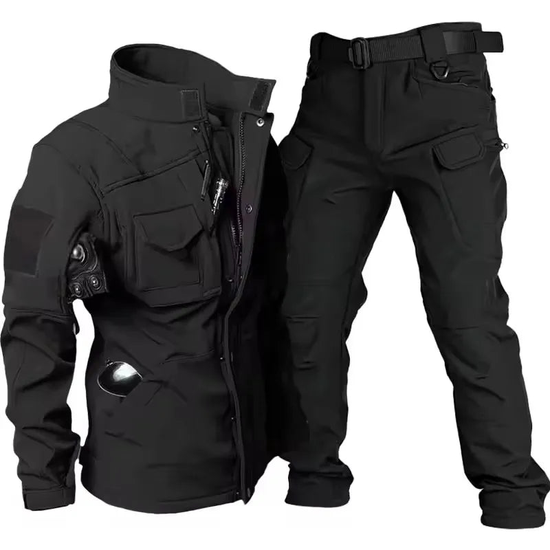 Men’s Waterproof Shark Skin Tactical Fleece Soft-Shell Jacket + Windproof Warm Cargo Pants (2-Piece Set)