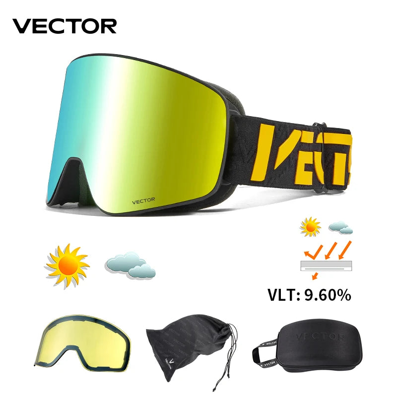 VECTOR Double-Layer Ski Goggles – Anti-Fog Magnetic Absorption Cylindrical UV400 Glasses for Men & Women, Snowboard & Ski POC Eyewear
