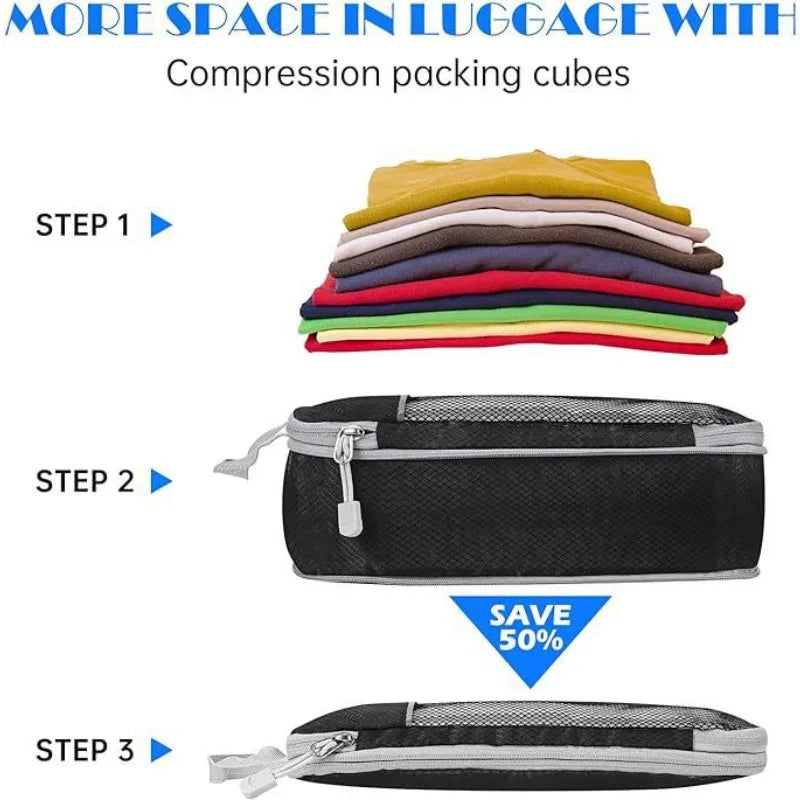 5PCS Travel Compressed Packing Cubes Set | Lightweight Portable Luggage Organizer with Shoe Bag & Mesh Storage