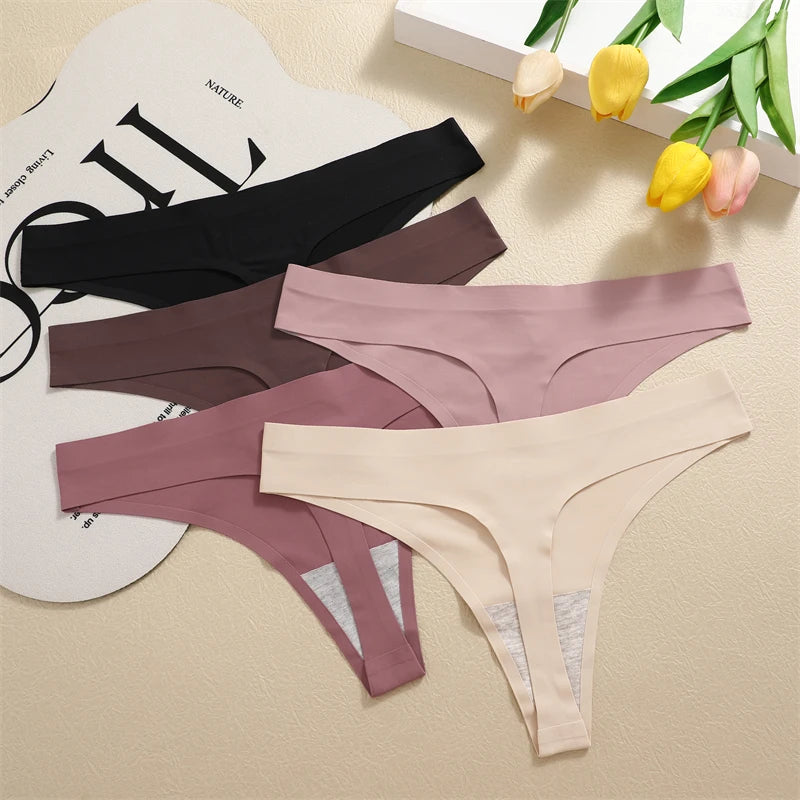 FINETOO 4PCS Women's Ice Silk Seamless Low Waist Thongs Sexy Solid Color Stretch Lingerie