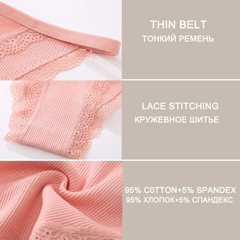 FINETOO 3PCS Set Women's Lace Cotton Panties Solid Color Soft Breathable Underwear Lingerie